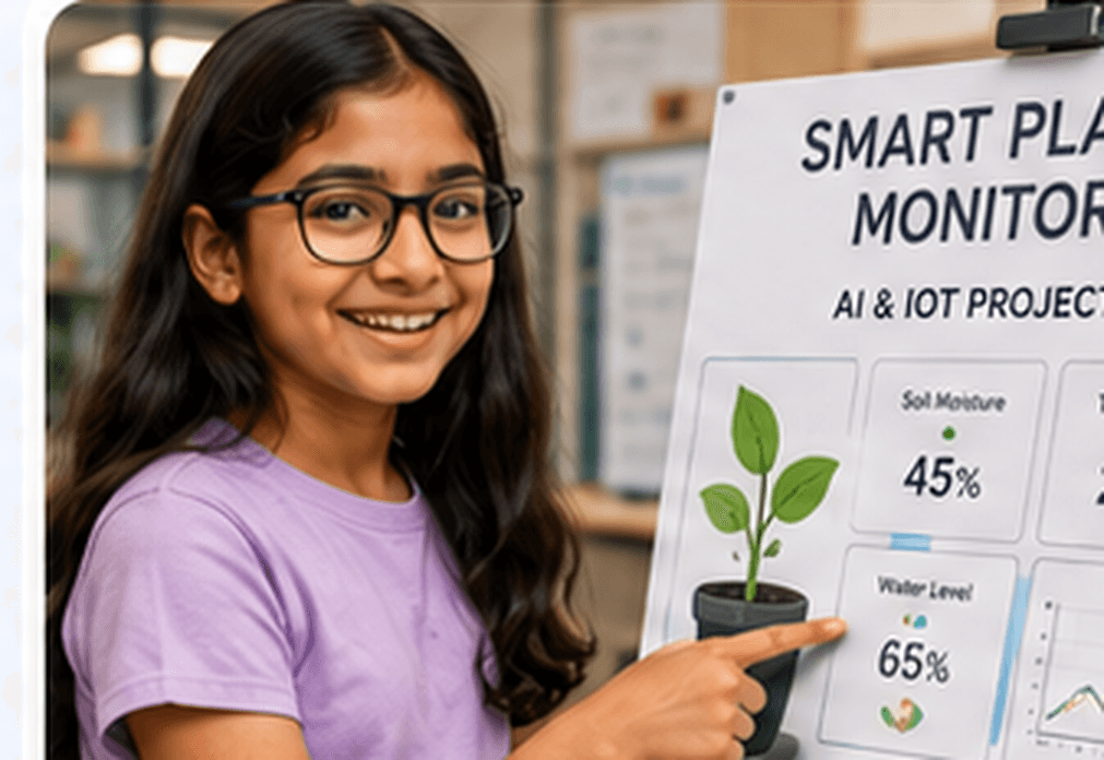 Indian student presenting a smart plant monitoring AI and IoT project.