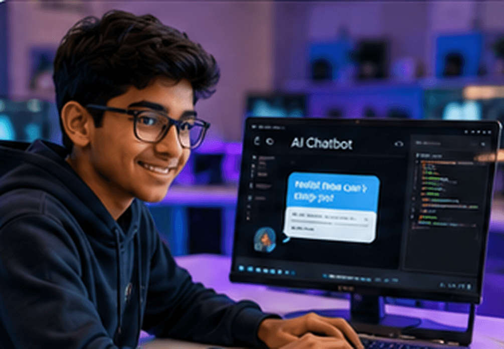 Indian student building an AI chatbot project on a laptop.