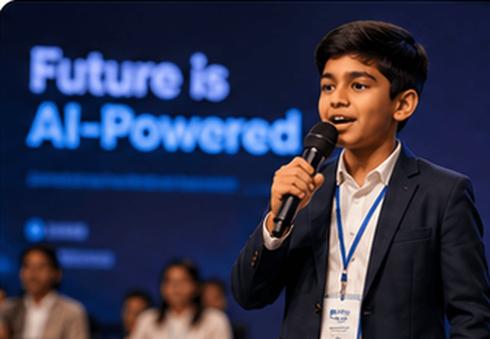 Indian student confidently presenting an AI topic with a microphone.