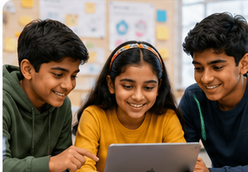 Indian students collaborating on a digital project using a tablet.