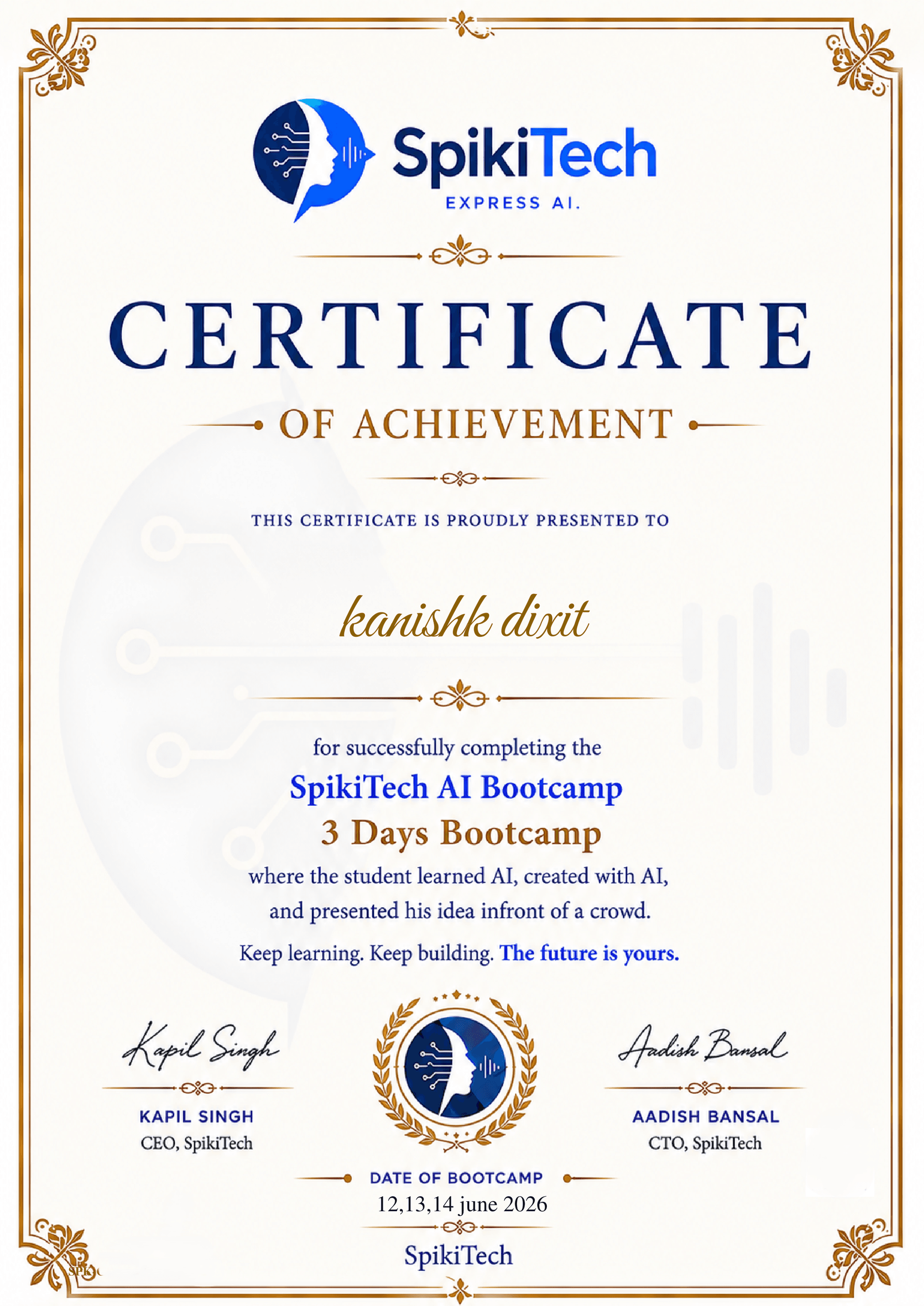 SpikiTech Certificate of Achievement sample