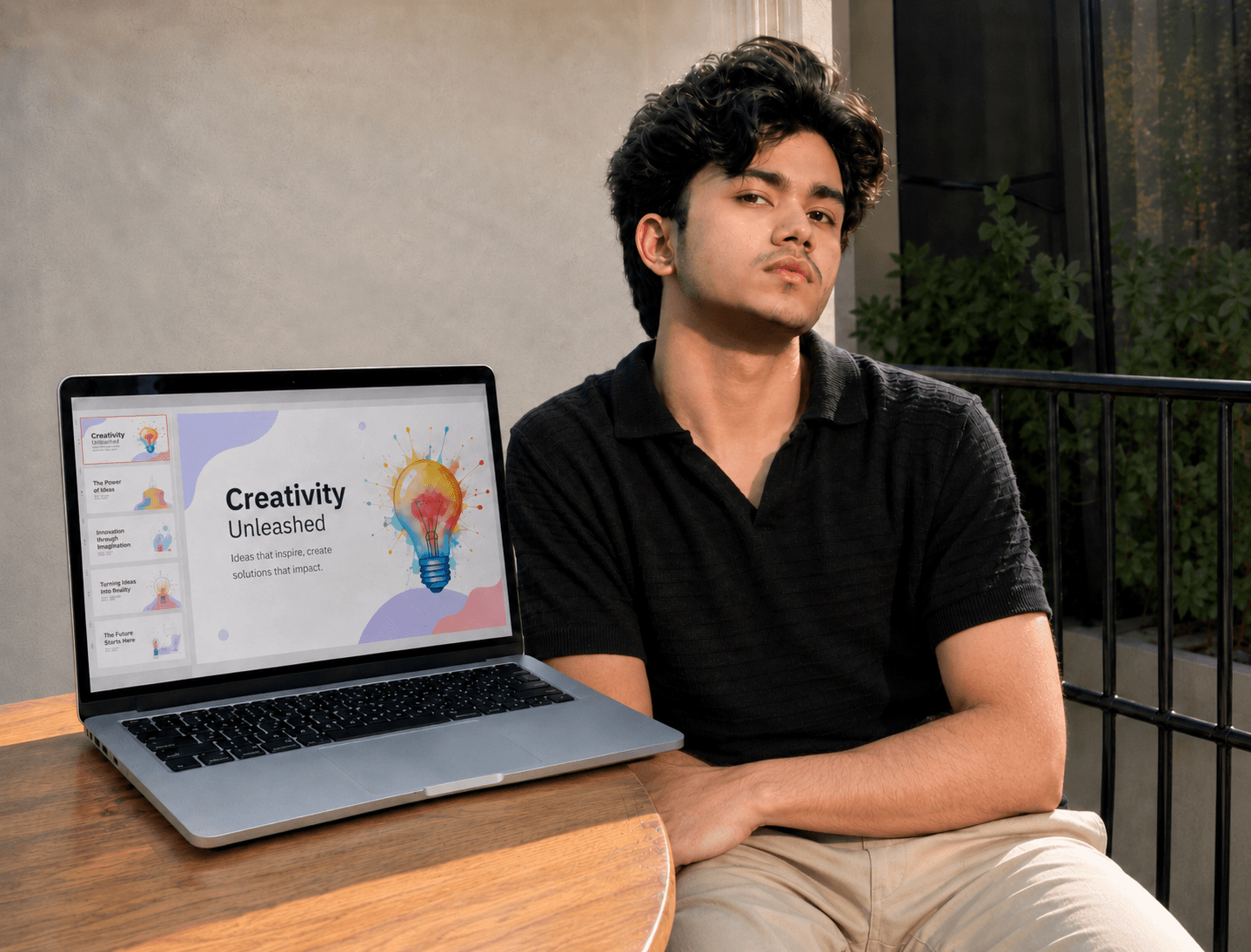 The Builder — a student with a "Creativity Unleashed" deck on a laptop