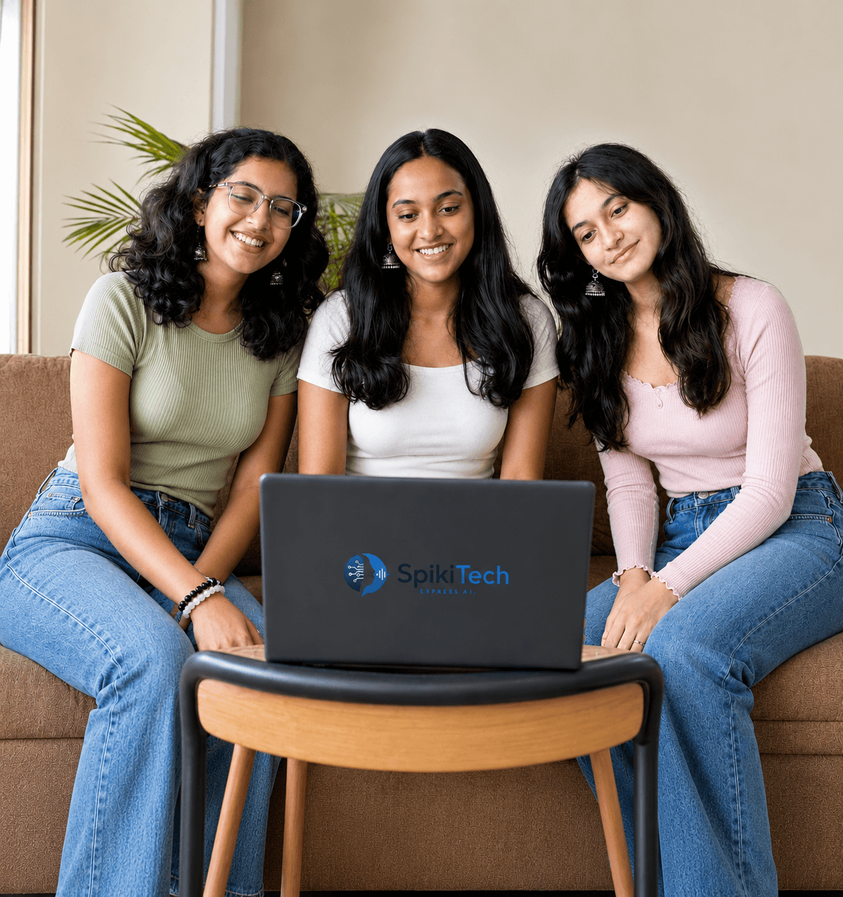 Three SpikiTech students learning together on a sofa with a SpikiTech laptop