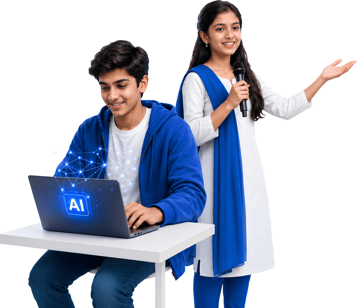 Two SpikiTech students — a boy building with AI on a laptop and a girl presenting with a microphone