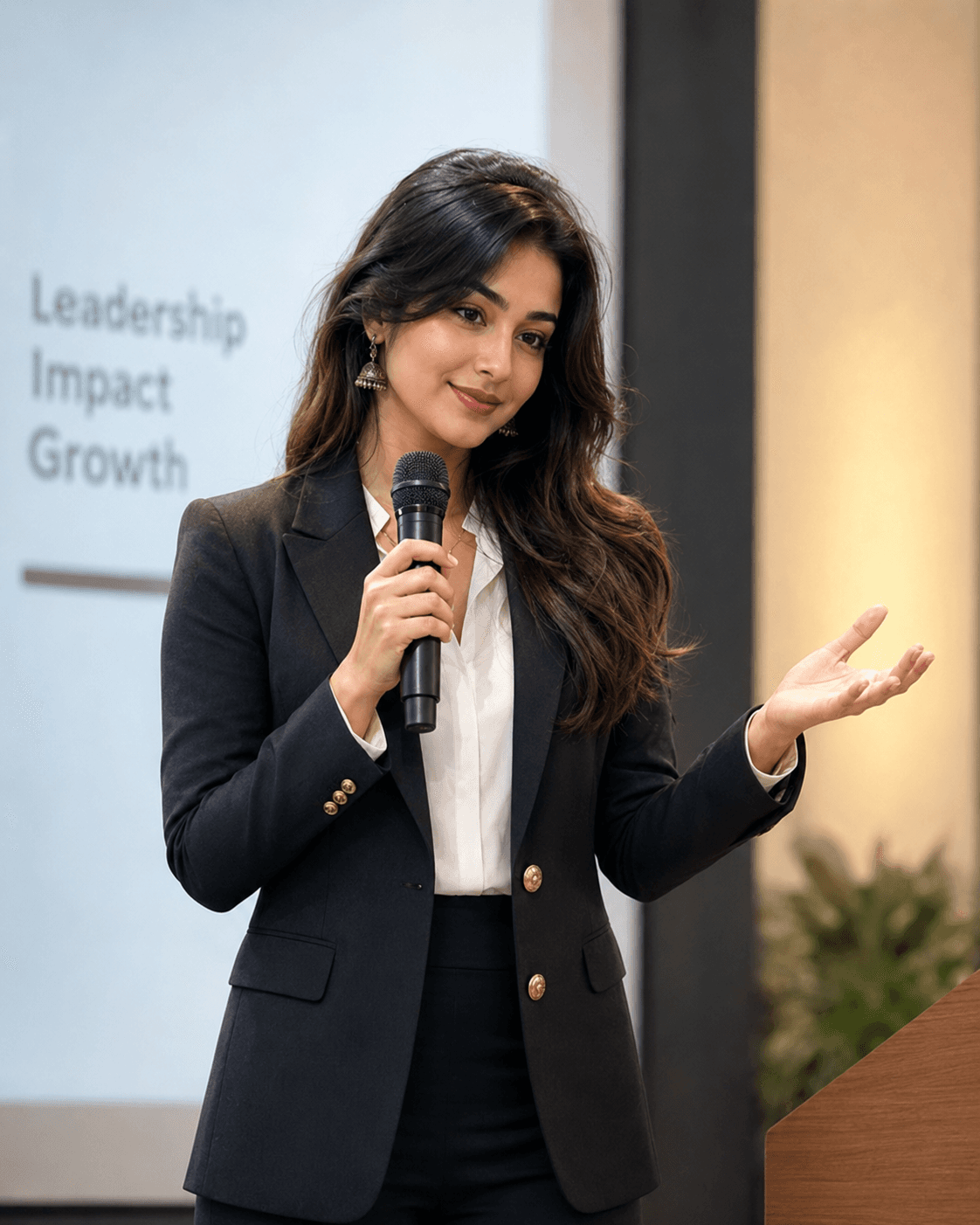 The Leader — a student presenting on stage with a microphone