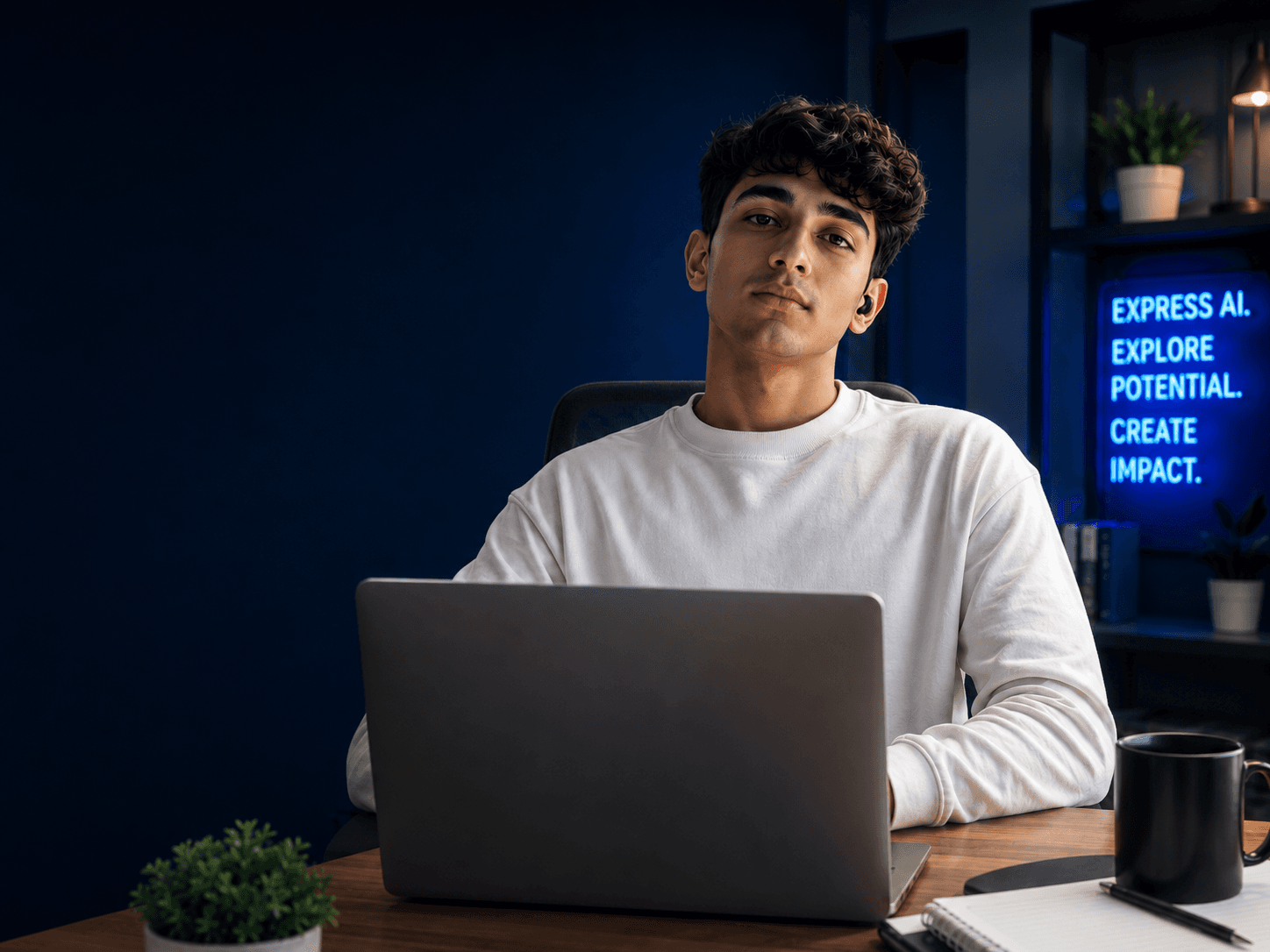 The Operator — a student working on a laptop in a SpikiTech "Express AI" studio
