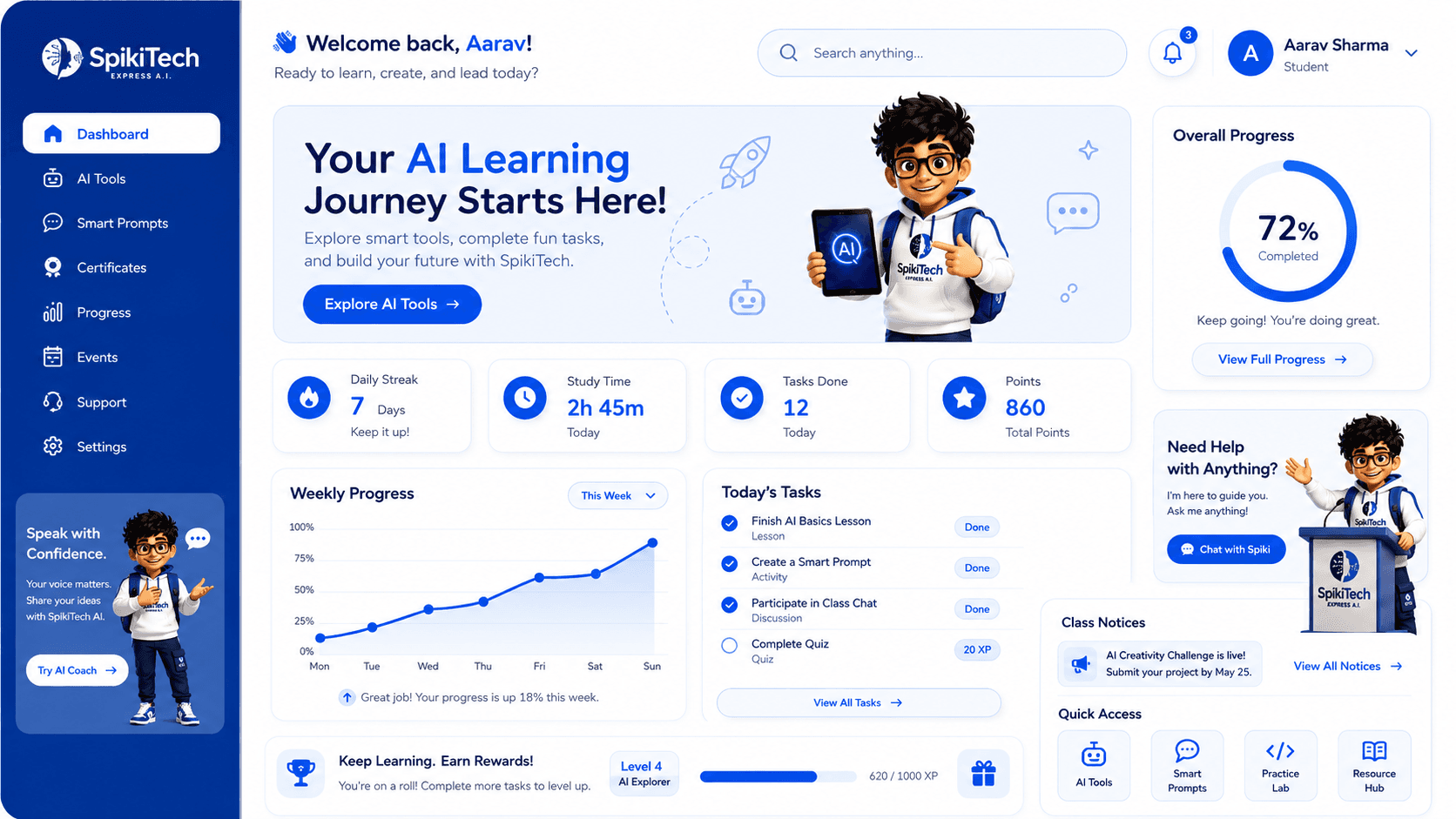 A preview of the SpikiTech student dashboard with progress, tasks and stats