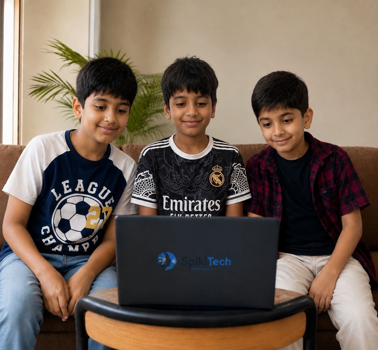 Three SpikiTech students learning together on a sofa with a SpikiTech laptop