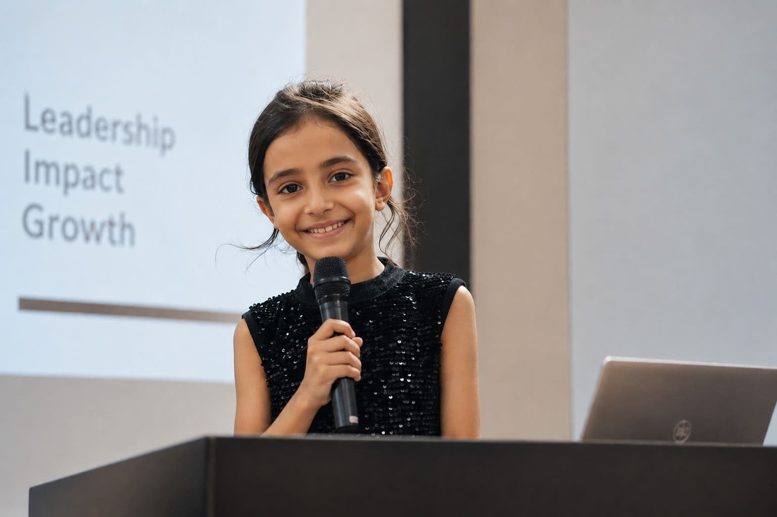 The Leader โ a student presenting on stage with a microphone